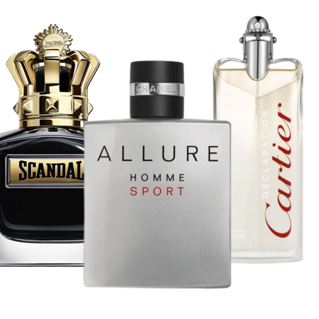 Kit de 3 perfumes Allure Homme Sports, Jean Paul Gaultier Scandal, e Cartier Declaration 100ml