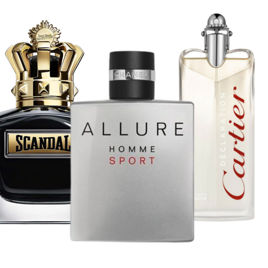 Kit de 3 perfumes Allure Homme Sports, Jean Paul Gaultier Scandal, e Cartier Declaration 100ml